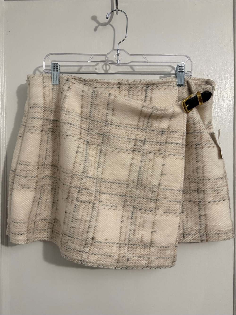 Dry Goods thread & supply Cream Plaid Wrap Mini Skirt with Buckle Detail